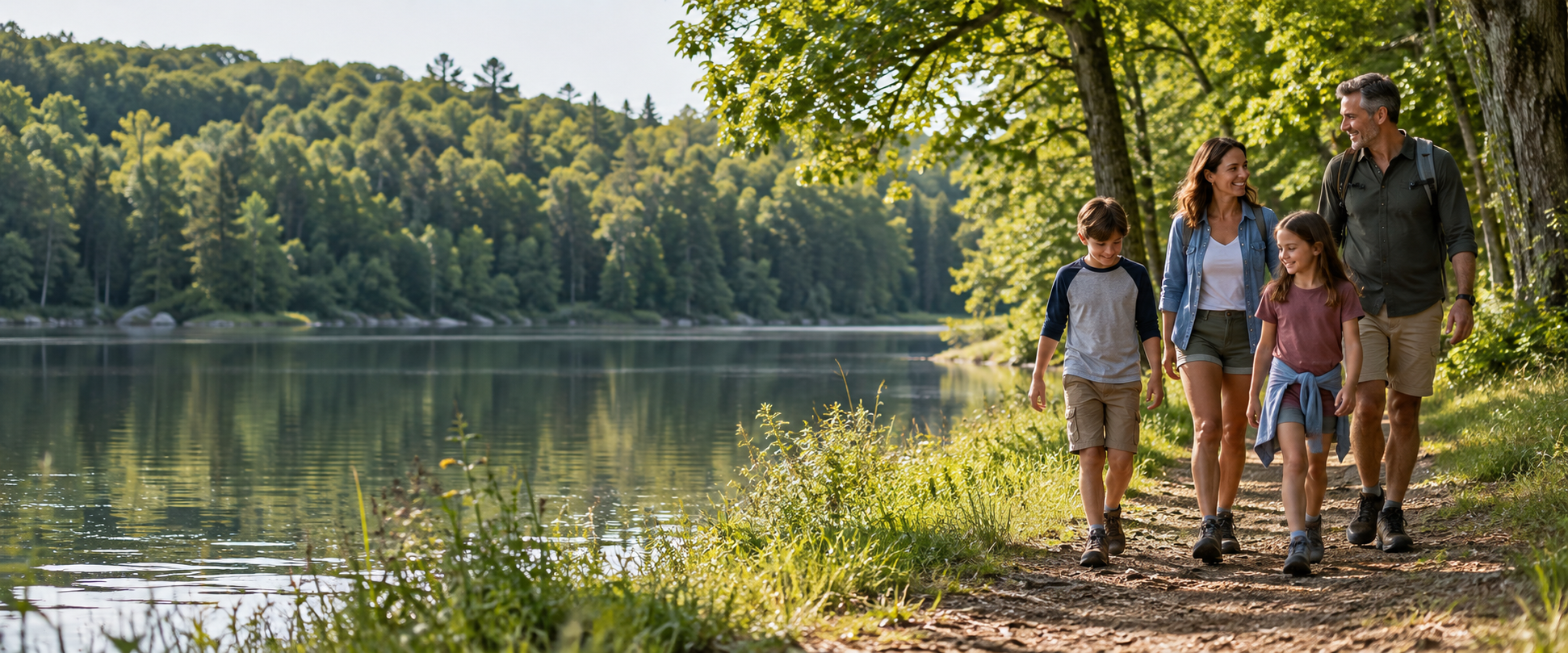 Illustrative scene of middle-aged adults and children enjoying a walk beside a lake.