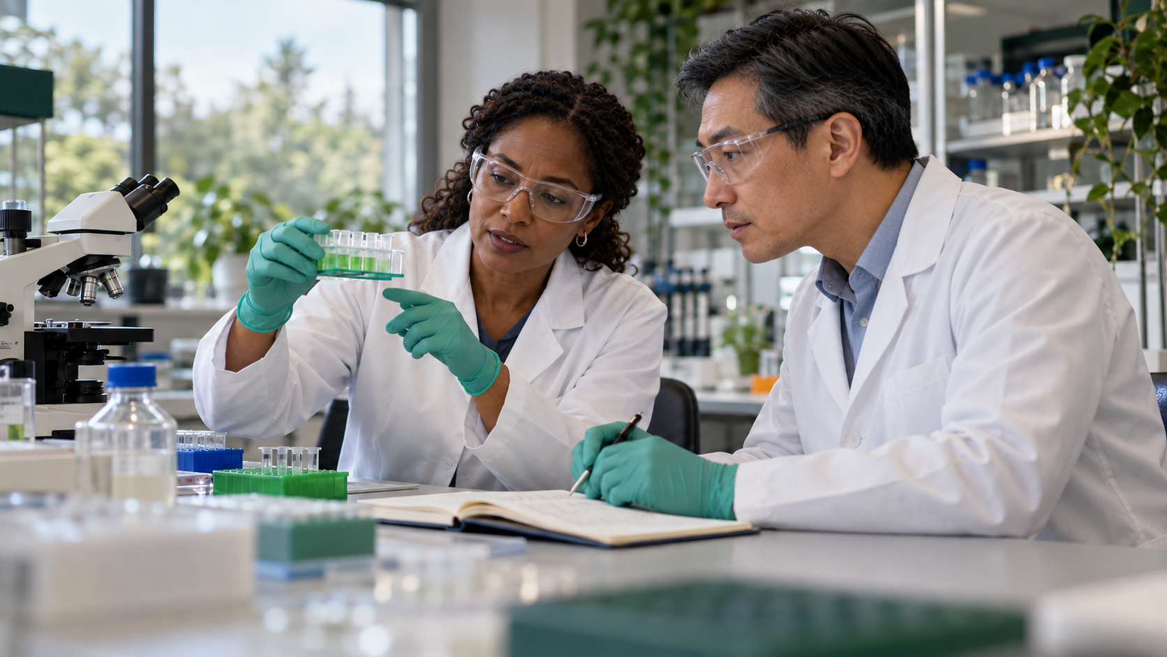 Illustrative scene of two scientists examining samples together in a laboratory.